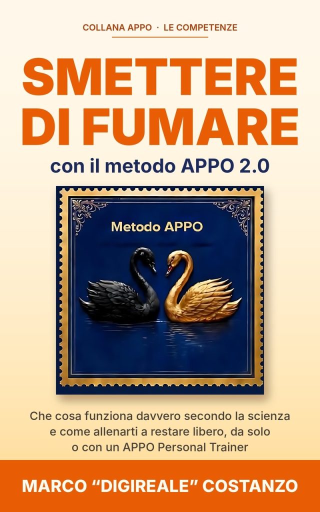 Copertina del libro Smettere di fumare con il metodo APPO 2.0 di Marco “Digireale” Costanzo, con un cigno nero e un cigno dorato